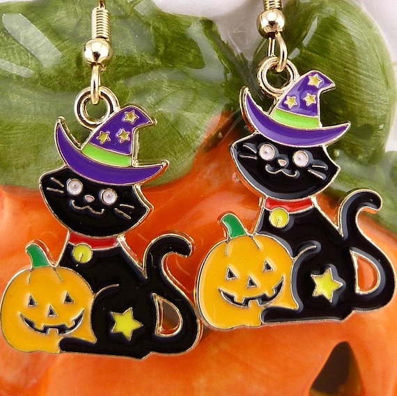 Halloween Earrings For Women - Witch Hat & Black Cat Dangle Earrings, Colorful & Lightweight Costume Jewelry Gift - View #4