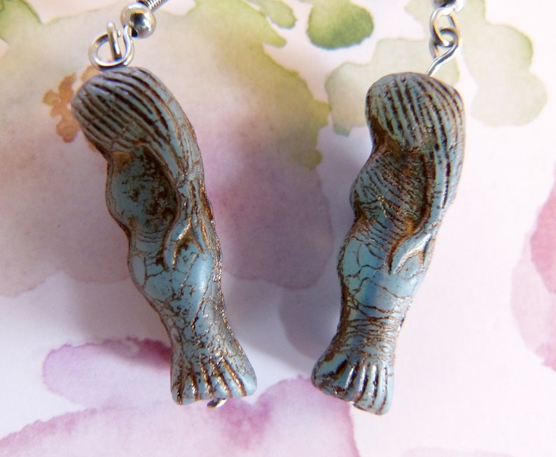 Hypoallergenic Gorgeous Fertility Goddess Curvy Mermaid Earrings Curvaceous Mermaid Slate Blue Rustic Glass Charm Czech Glass Sexy
