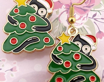 Christmas Cat Earrings, Bratty Santa Kitty Climbing the Christmas Tree!
