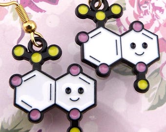 Science Molecule Earrings, Smiling Cartoon Molecules for Happy Earlobes, Hypoallergenic, Small, Lightweight