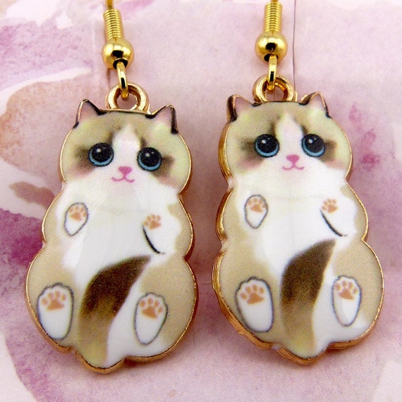 Orecchini a forma di gatto marmorizzato turchese – Acrilico effetto pietra con perline di cristallo – Ganci in argento sterling - Italia