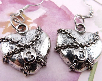 Chained Heart Earrings, Hypoallergenic, Fairly Large, Goth Romance, Protecting Your Heart Against Hurt, Halloween, Valentine's Day, Love
