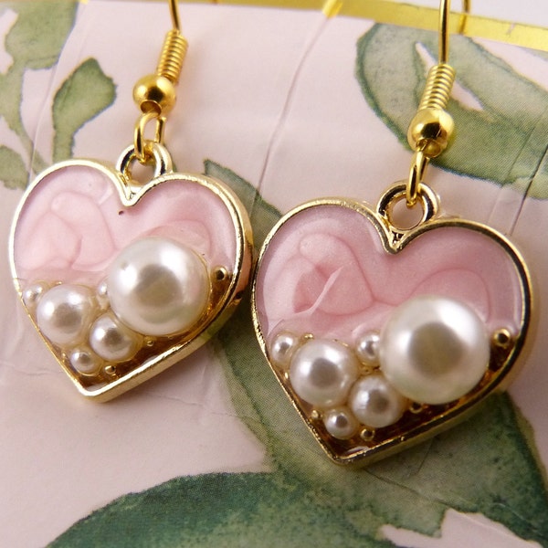 Pink Heart Earrings With Faux Pearls, Hypoallergenic, Super Pretty, Feminine, Tactile, Great Gift for Her, Pretty in Pink, Dressy, Classy