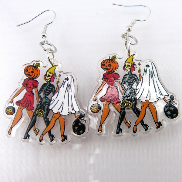 Halloween Bombshell Earrings, Trio of Gorgeous Gals Dressed for Halloween, Pumpkin, Skeleton and Ghost, Acrylic, Hypoallergenic, Adorable!