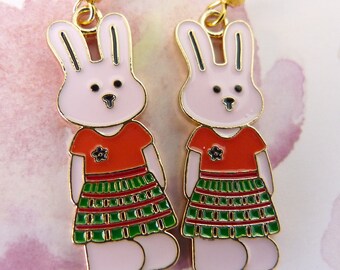 Pendientes de conejo, hipoalergénicos, conejito rosa, falda a cuadros, uniforme escolar, pendientes de colegiala caprichosos, conejitos adorables