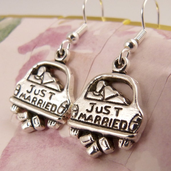 Just Married Earrings, Hypoallergenic, Wedding Earrings, Marriage, Newlyweds in Car Dragging Tin Cans, Whimsical, Cute, Funky, Adorable