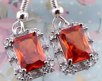 Sparkling Red Earrings, Single Rectangular Red Glass Stone Surrounded by Clear Stones - Fancy!