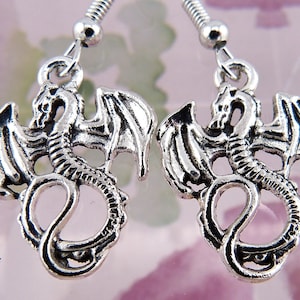 Dragon Earrings, Small, Hypoallergenic, Lightweight, Fierce Looking Dragon with Curled Tail and Fearsome Wings, Fantasy, Gift for Her