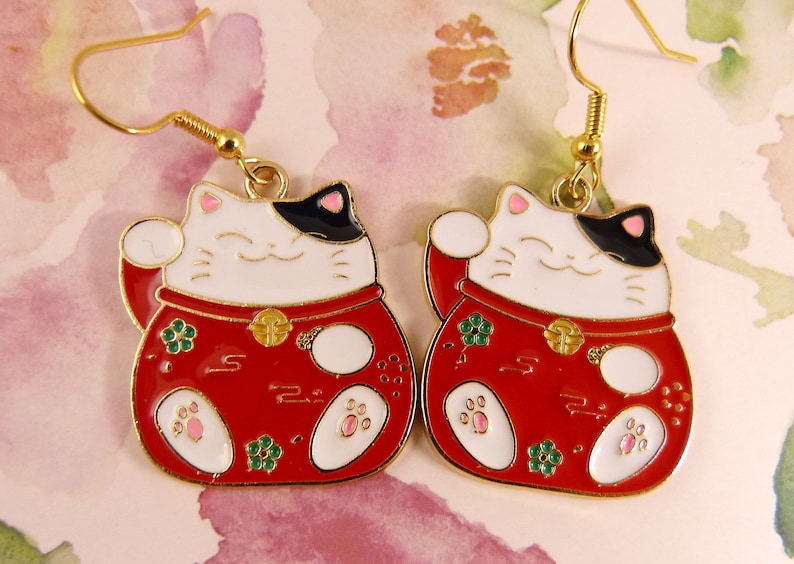 Lucky Cat Pink Toebeans on Cute Paws Gift for Her Seriously Cute Black and White Money Cat with Red Coat Money Cat Earrings Cat Lovers