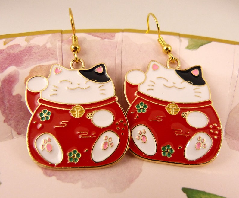 Lucky Cat Pink Toebeans on Cute Paws Gift for Her Seriously Cute Black and White Money Cat with Red Coat Money Cat Earrings Cat Lovers