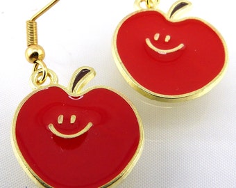 Apple Earrings, Smiling Ripe Red Apples, Happy Apps! Wearing One A Day Keeps the Doctor Away! Hypoallergenic, Small, Lightweight, Super Cute