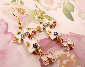 Kimono Earrings, Kimono and Zori Sandals, Rhinestones