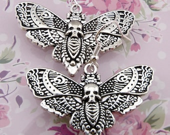 Death Head Moth Earrings, Antique Silver Zinc Alloy Moths with Skulls and Intricately Detailed Wings, Hypoallergenic, Lightweight, Goth Gift