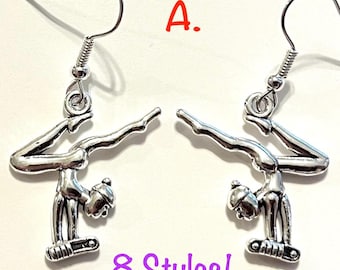 Gymnastics Earrings, 8 Different Designs, Antique Silvertone, Hypoallergenic, Small, Lightweight, Perfect Gift for Young Gymnasts