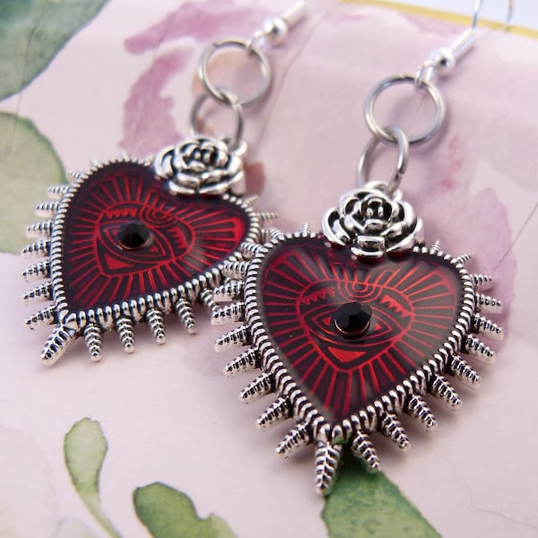 Sacred Heart Earrings, Glossy Dark Scarlet With Rose and Black Crystal Eye and Spike Trim, Hypoallergenic, Valentine's Day, Gothic Romance