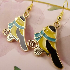Christmas Goldfinch Earrings, Hypoallergenic, Pretty Yellow Birds Wearing Scarves, Perched on Pine Cone, Canary, Holiday Earrings, So Cute