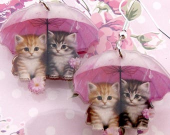 Kitten Earrings, Orange and Brown Tabby Cats Under Pink Umbrella, Acrylic, Very Lightweight, Hypoallergenic,