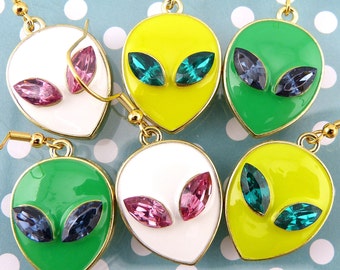 UFO Earrings, Marvellous Martians in Three Colours, UFOs with Sparkling Eyes, Hypoallergenic, Little Green Men  with Otherworldly Bling