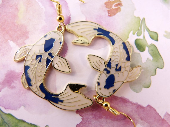 Koi Fish Earrings, Hypoallergenic, Pretty Blue and Cream Gold Koi