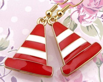 Traffic Cone Earrings, Highway Pylons, Firefighter Tools, Construction, Red & White Stripes, Hypoallergenic, Fairly Small, Lightweight, Cute