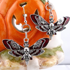 Death Head Moth Earrings, Black and Silver with Brilliant Red Wings, Creepy, Goth and Gorgeous, Hypoallergenic, Lightweight, Unisex Earrings