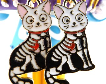 Cat Skeleton Earrings, Half Kitty-Cat and Half Skeleton, Cartoon, Halloween Cuteness, Adorable But Scary, X-Ray Fun, Hypoallergenic, Small
