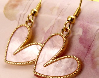 Pink Heart Earrings, Funky Yet Pretty Shiny Pale Pink Hearts, Fairly Small, Seriously Cute, Lightweight, Valentine's Day Gift for Her