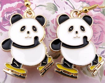Pendientes de patinaje, adorables pandas con patines, patinaje sobre hielo, patinaje artístico, deportes de invierno, regalo para patinadores.