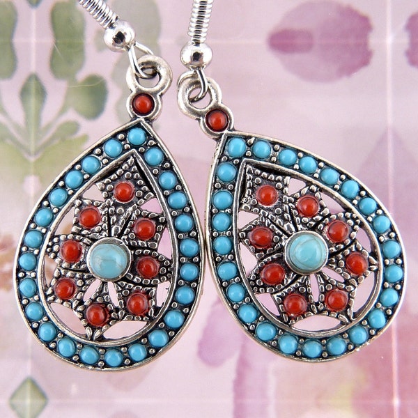 Southwest Earrings, Bohemian Style, Turquoise Red and Silver Colours, Pretty and Inexpensive, Hypoallergenic, Lightweight, Fairly Small