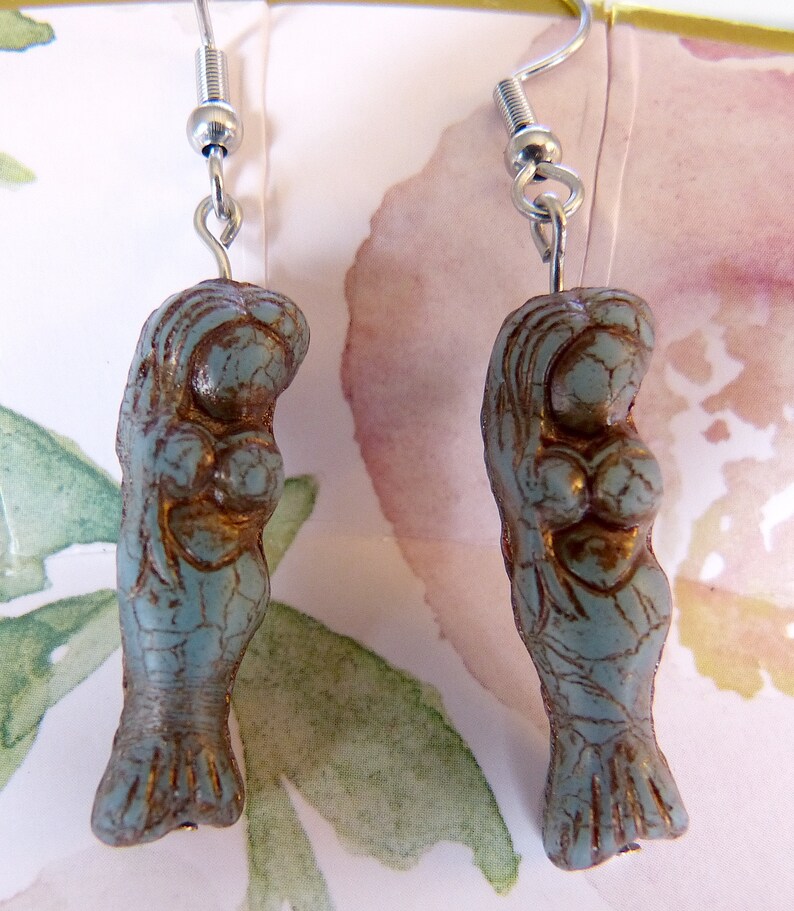 Hypoallergenic Gorgeous Fertility Goddess Curvy Mermaid Earrings Curvaceous Mermaid Slate Blue Rustic Glass Charm Czech Glass Sexy