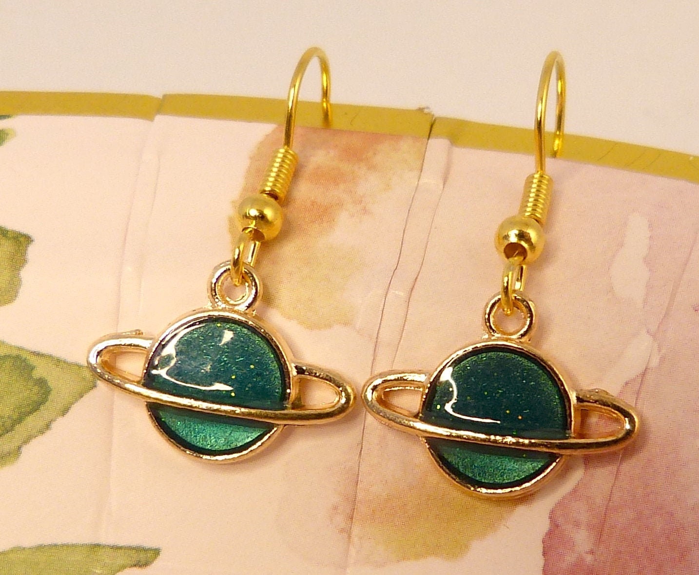 Saturn Earrings, Hypoallergenic, Small, Green Planet With