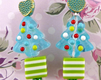 Christmas Tree Earrings in Pink or Green, Handmade with Glass and Assorted Beads, Colourful, Absolutely Unique, Whimsical and Fun!
