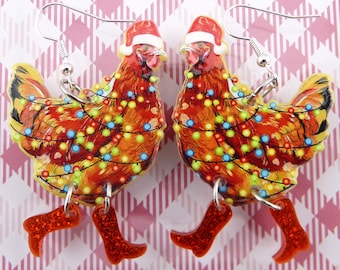 Christmas Chicken Earrings, Plucky Poultry with Santa Hats, Red Glitter Go-Go Boots and  Christmas Lights, Hilariously Festive Holiday Hens