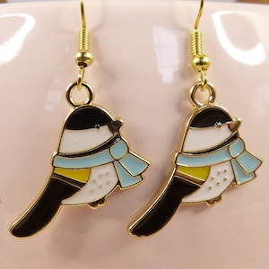 Christmas Chickadee Earrings, Hypoallergenic, Super Cute Little Birds Wearing Scarves, Stocking Stuffer, Winter, Gift for Birdwatchers