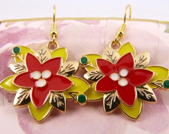Christmas Poinsettia Earrings, Super Bright and Cheery Florals, Shiny, Hypoallergenic, Whimsical, Glorious Gift for Her, Stocking Stuffer
