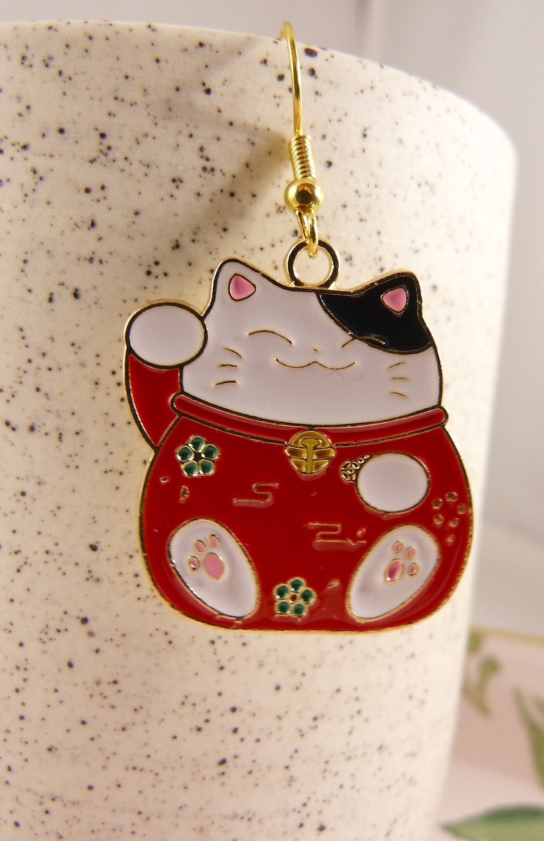 Lucky Cat Pink Toebeans on Cute Paws Gift for Her Seriously Cute Black and White Money Cat with Red Coat Money Cat Earrings Cat Lovers