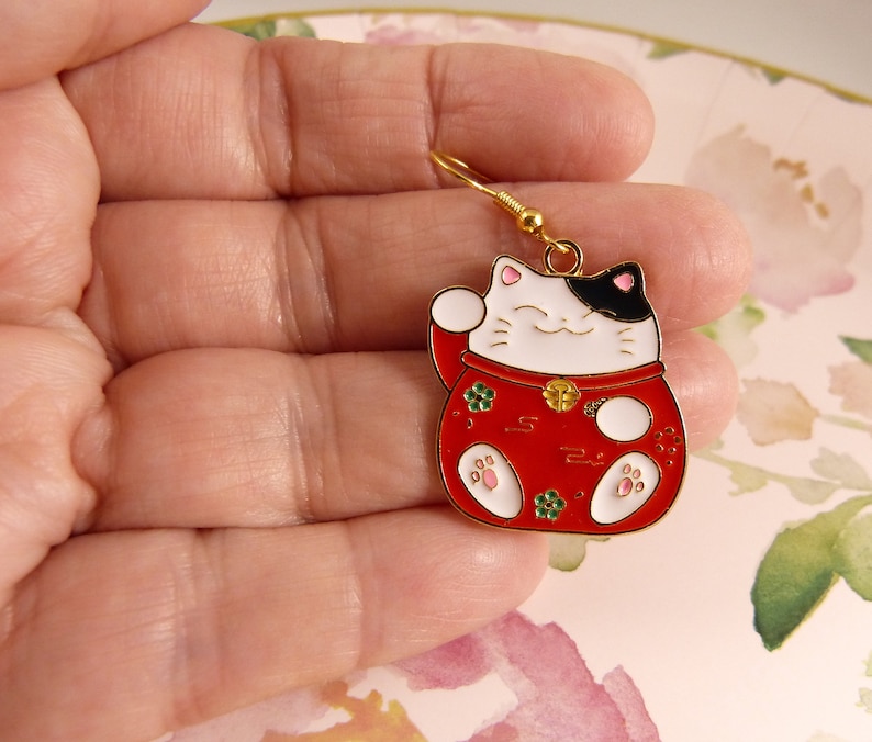 Lucky Cat Pink Toebeans on Cute Paws Gift for Her Seriously Cute Black and White Money Cat with Red Coat Money Cat Earrings Cat Lovers