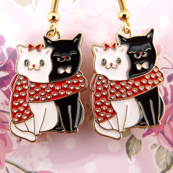 Black and White Cats in Pink Heart Earrings Black and White Cats in Pink Heart Earrings