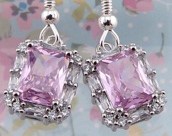 Sparkling Pink Earrings, Single Rectangular Pale Pink Glass Stone Surrounded by Clear Stones - Fancy!