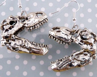 Dinosaur Skull Earrings, Large, Fairly Heavy, Hypoallergenic, Tyrannosaurus Rex, Big Scary Teeth, Goth, Halloween, Gift for Dinosaur Lovers