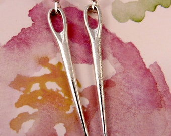 Sewing Needle Earrings, Hypoallergenic, Eye of the Needle, Not Sharp, Shiny Dangling Lightweight Gift for Seamstress, Hobby, Also Goth