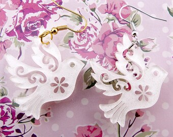 White Dove Earrings with Cut Out Flower Patterns and Slight Glittering Finish, Acrylic, Two Sides, Lightweight, Hypoallergenic