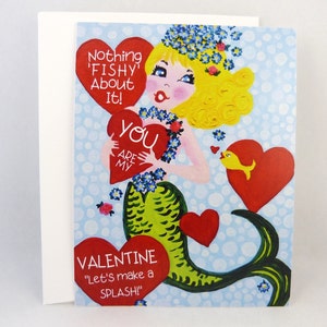 Carte de la Saint-Valentin, carte de la Saint-Valentin sirène, jolie carte de poisson sirène, art populaire original, poème, romantique, doux,