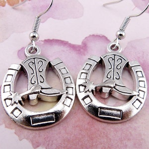 Cowboy Boot in a Lucky Horseshoe Earrings, Hypoallergenic, Fairly Small, Light, Western Boots with Spurs, Gift for Horse Lovers, Cowgirls
