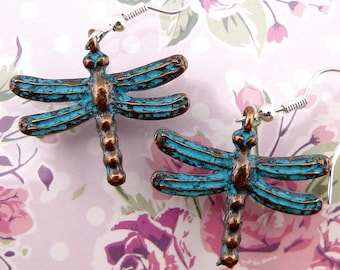 Dragonfly Earrings, Antique Copper Coloured, Green Patina, Bohemian Styling, Fairly Small, Lightweight, Hypoallergenic