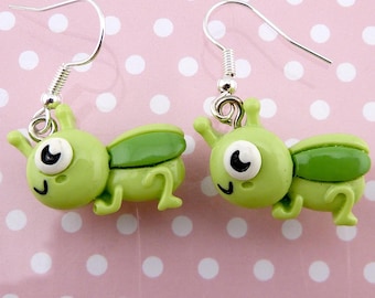 Grasshopper Earrings, Cartoon Cuties in Shades of Green, Huge Eyes, Happy Smiles, Small, Lightweight, ADORABLE!