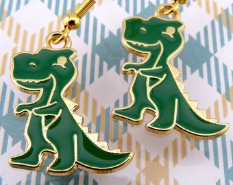 Dinosaur Earrings, Cute Fairly Small and Happy Green T-Rex, Tyrannosaurus Rex, Hypoallergenic, Lightweight, Gift for Dinosaur Lovers