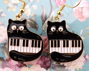 Piano Cat Earrings, Black Cats with Piano Keys, Purr-fect for Kitty-Loving Musicians, Keyboard Kitties, Hypoallergenic, Cute Gift for Her