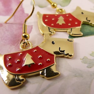 Christmas Scottie Dog Earrings, Adorable Scottish Terriers Wearing Shiny Red and Gold Coats, Hypoallergenic, Lightweight, Whimsical, Cute