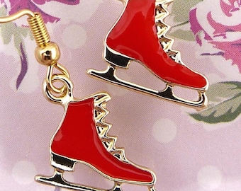 Figure Skating Earrings, Red, Very Small Skates, Lightweight, Hypoallergenic, White with Golden Trim, Ideal Gift for Skaters of All Ages